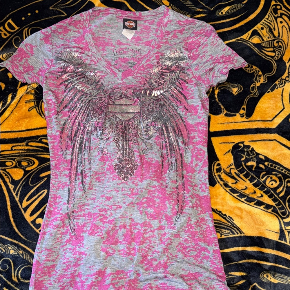Harley-Davidson Pink & Gray Wing Graphic V-Neck Tee